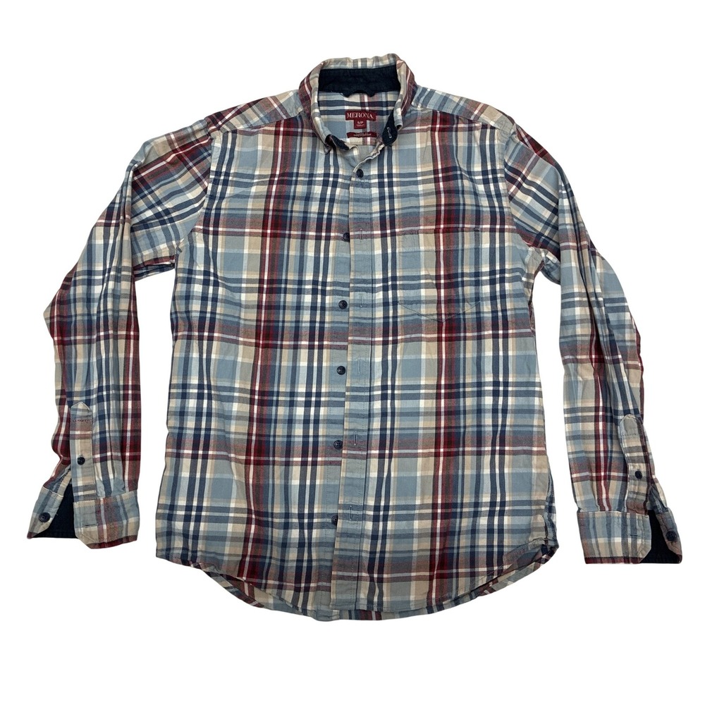 Merona Mens Plaid Button Down Shirt S‎ Blue Red Classic Fit Long Sleeve Cotton
